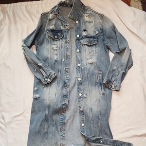 Kosmios | Distressed Long Denim Jacket Coat - Light Blue Sz Med